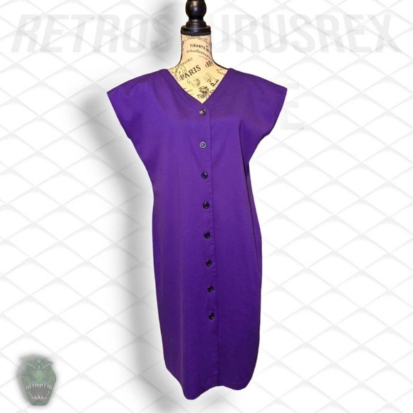 Vintage 1980's Grape Purple Rockabilly Twee Button Front / Back Secretary Dress - Picture 4 of 11